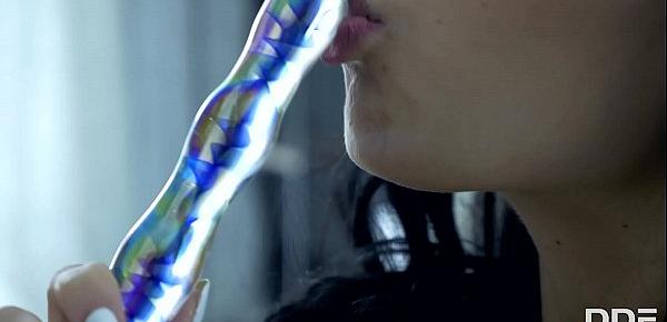  Glass dildo needs to be licked before inserted into Sheri Vi&039;s teen pussy